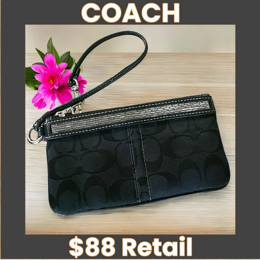 Y2K Coach Wristlet with gorgeous beading detail. Black Signature Canvas. EUC